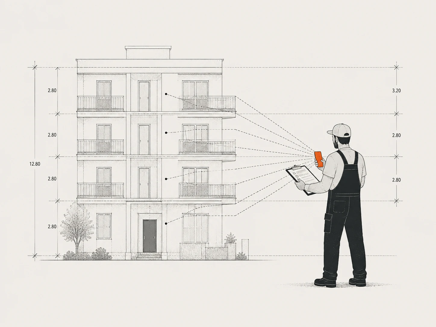 Illustration: Handwerker vor einem Mehrfamilienhaus-Grundriss mit Maßlinien zu den einzelnen Wohneinheiten